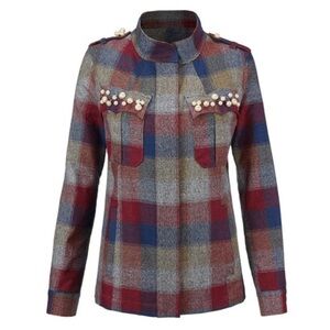 Cabi 3555 Collage Plaid Pearl Detail Full Zip Jacket Shacket